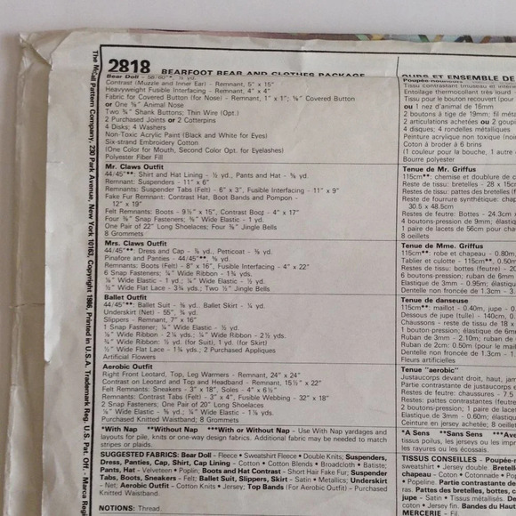 McCall's # 2818 Bearfoot Bears & Clothes Sewing Pattern Package Enchanted Forest - Picture 3 of 3